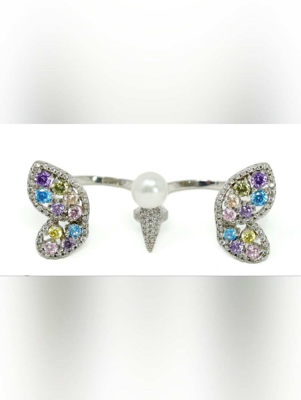FZN 925 Silver Multicolor Cz Pearl Butterfly Double Finger Ring Sz 7 adjustable
